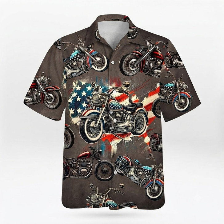 Patriotic American Flag Biker Retro Motorcycle Hawaiian Shirt S-5XL