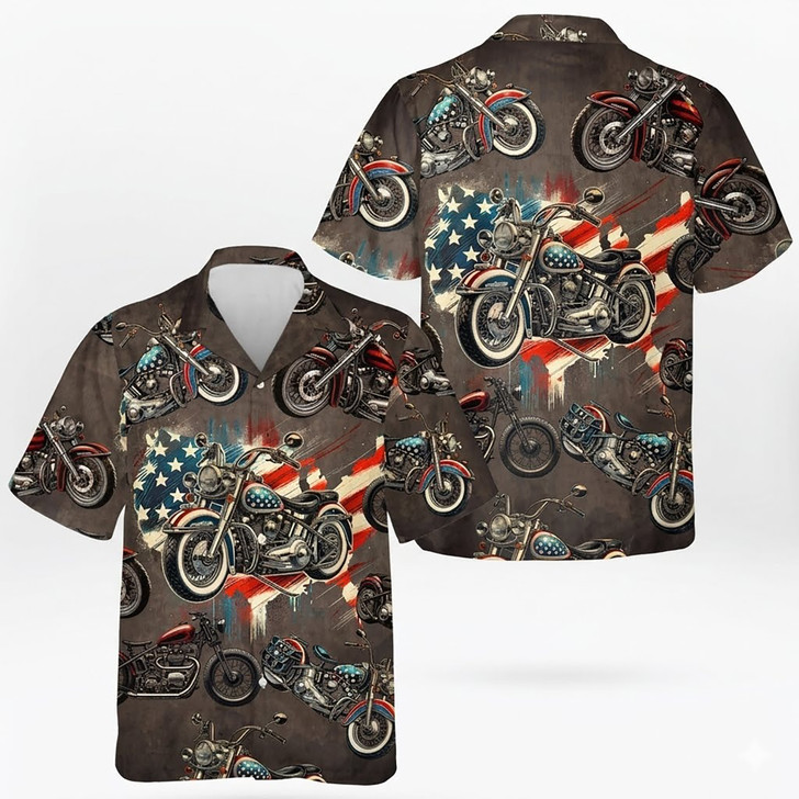 Patriotic American Flag Biker Retro Motorcycle Hawaiian Shirt S-5XL