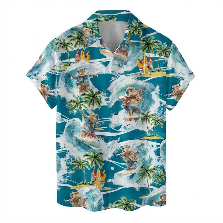 Funny Capybara Surfing Beach Aloha Hawaiian Shirt S-5XL