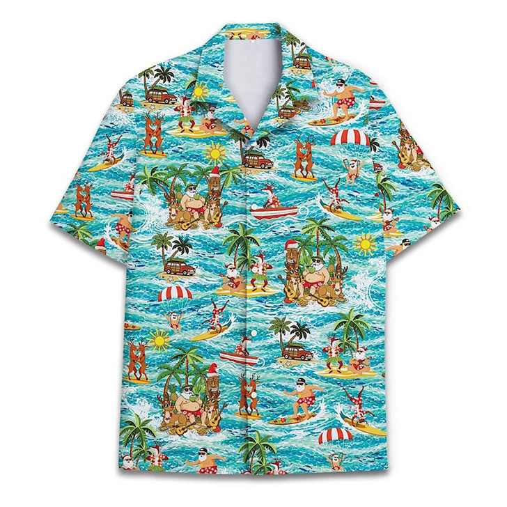Funny Christmas Santa Surfing Tiki Aloha Hawaiian Shirt S-5XL