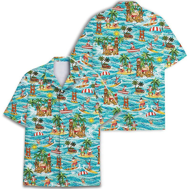 Funny Christmas Santa Surfing Tiki Aloha Hawaiian Shirt S-5XL