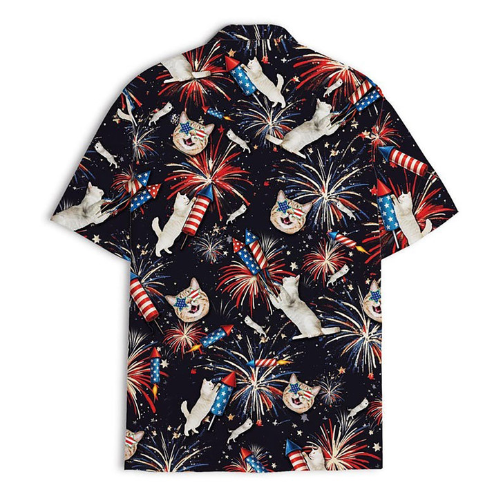 Funny Cat American Flag Fireworks Patriotic USA Hawaiian Shirt S-5XL