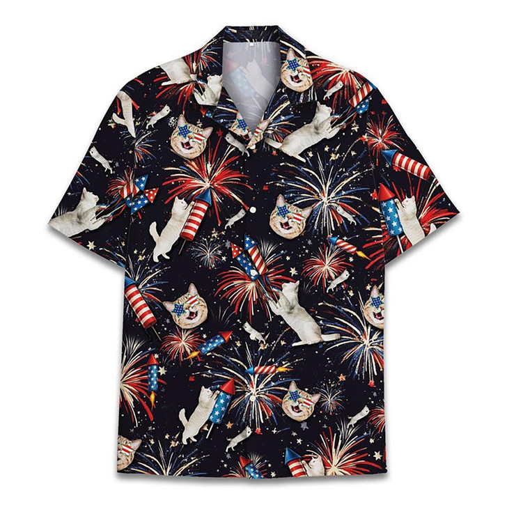 Funny Cat American Flag Fireworks Patriotic USA Hawaiian Shirt S-5XL