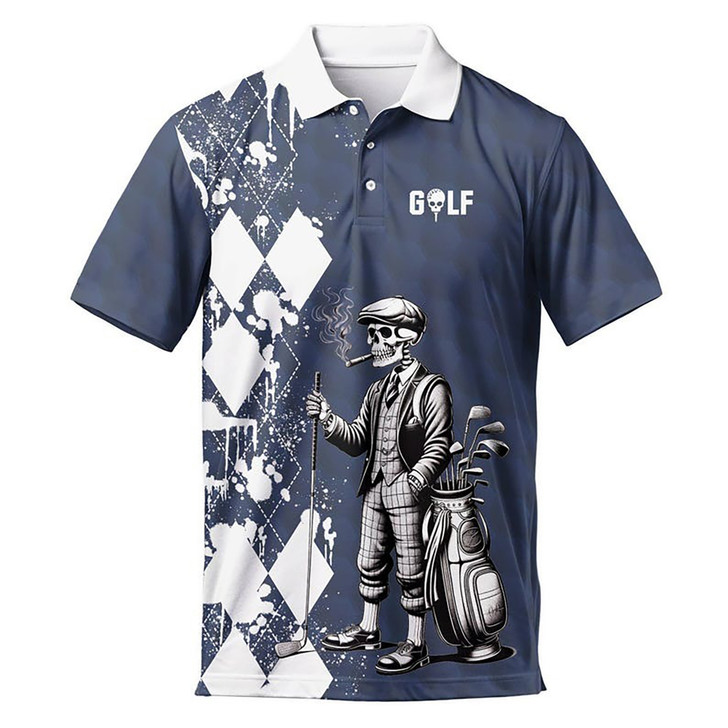 Funny Skull Skeleton Golfing Men's Polo Shirt S-5XL