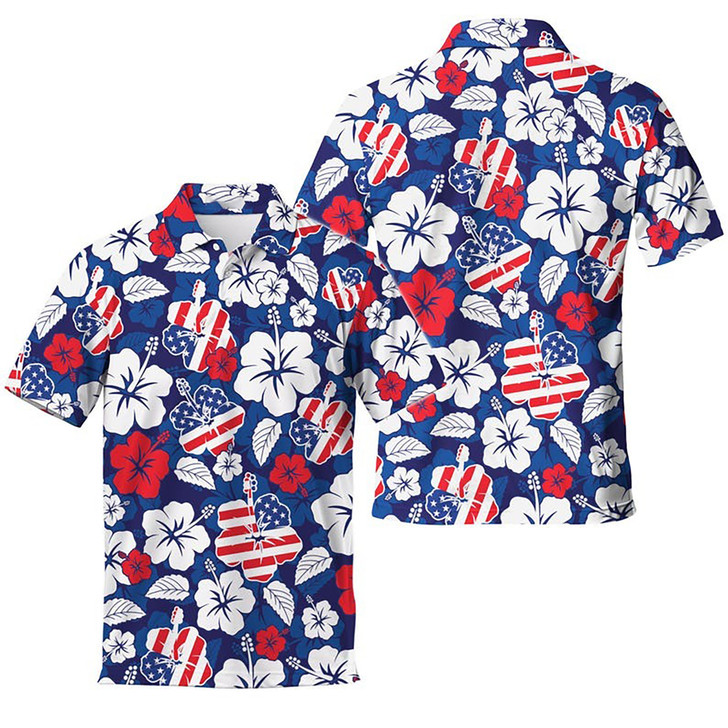 Hibiscus American Flag Floral Aloha Golf Men's Polo Shirt S-5XL