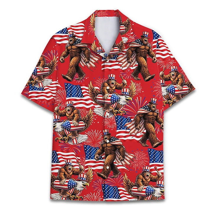 Bigfoot Firework Patriotic USA Flag Men's Polo Shirt S-5XL