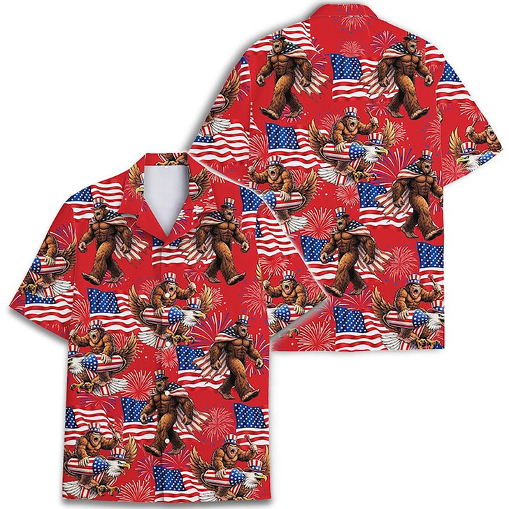 Bigfoot Firework Patriotic USA Flag Men's Polo Shirt S-5XL