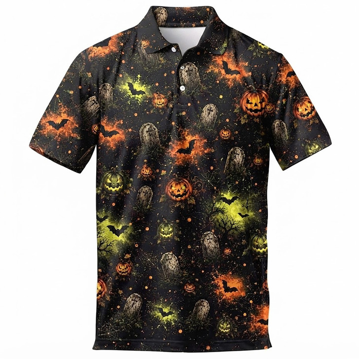 Halloween Spooky Pumpkin Bat Tombstone Men's Polo Shirt S-5XL
