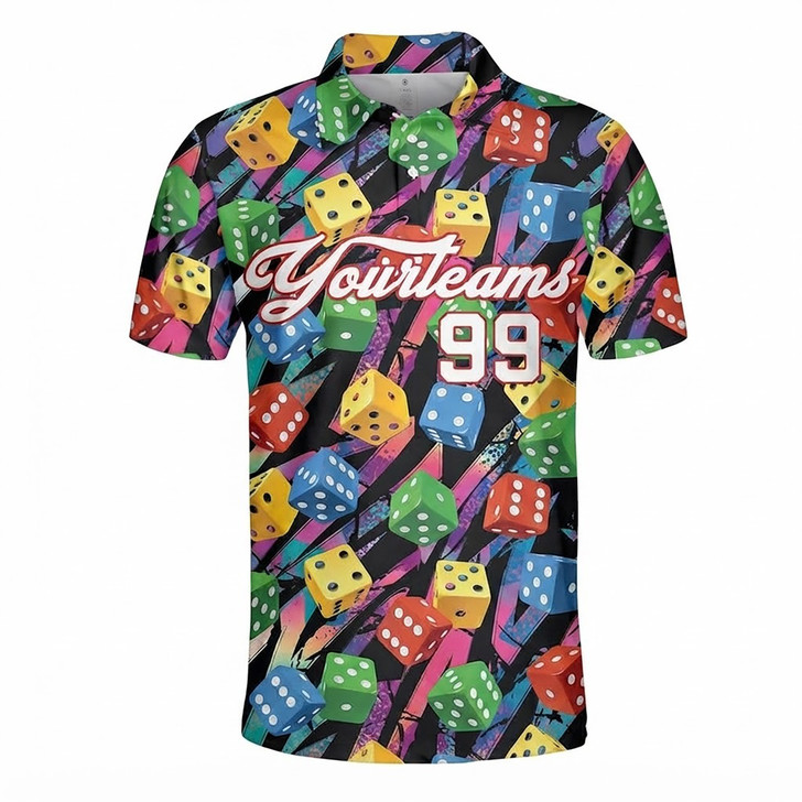 Custom Name Dice Colorful Casino Team Number Men's Polo Shirt S-5XL