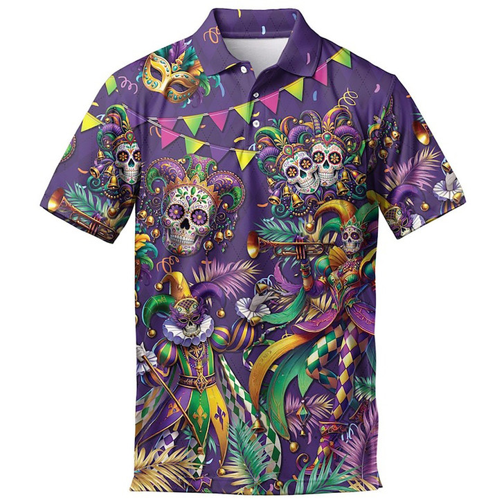 Festival Skull Mardi Gras Men's Polo Shirt S-5XL