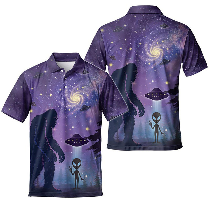 Bigfoot Alien Galaxy UFO Sasquatch Men's Polo Shirt S-5XL