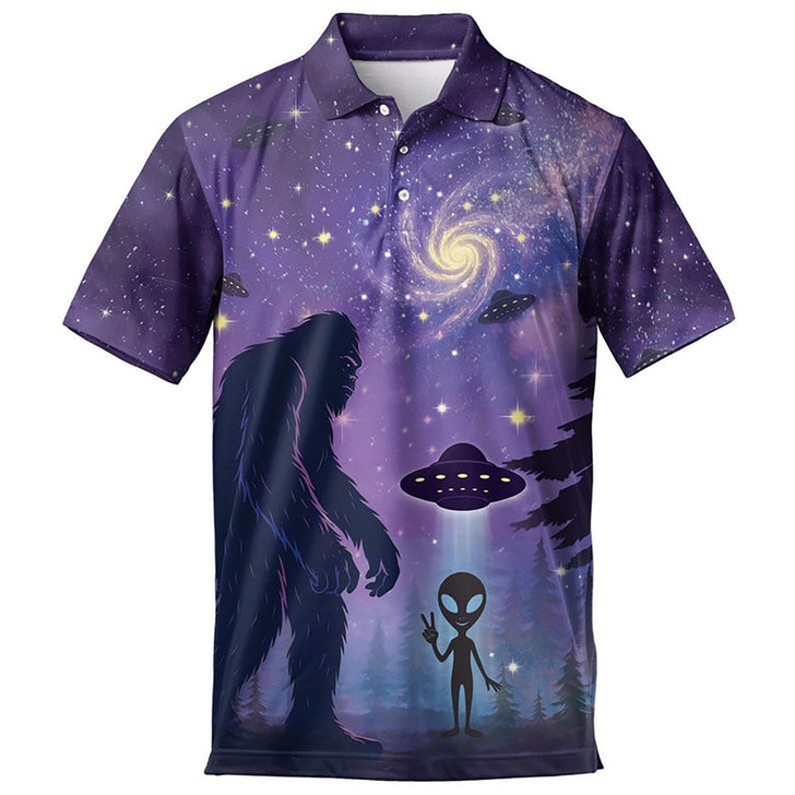 Bigfoot Alien Galaxy UFO Sasquatch Men's Polo Shirt S-5XL