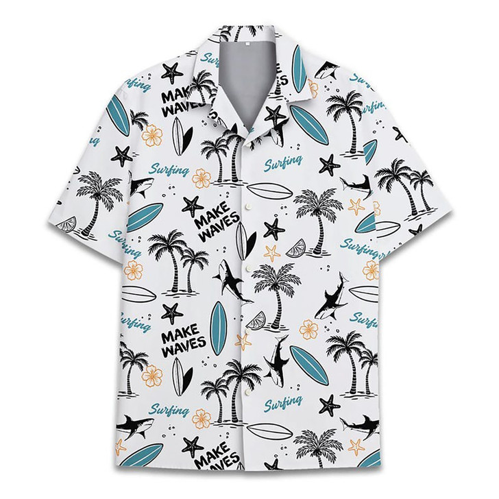 Make Waves Surfing Shark Tropical Summer Hawaiian Shirt S-5XL