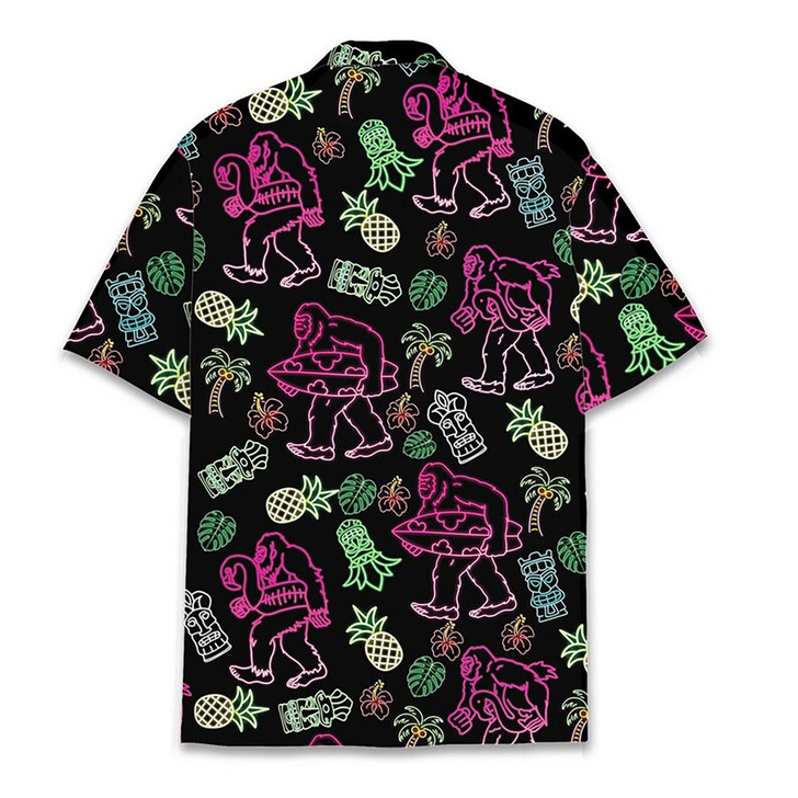Neon Bigfoot Surfing Sasquatch Tiki Pineapple Hawaiian Shirt S-5XL