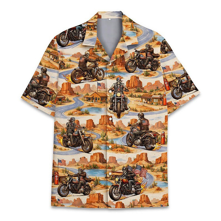 Skull Biker Desert Motorcycle Patriotic Rider Hawaiian Shirt S-5XL