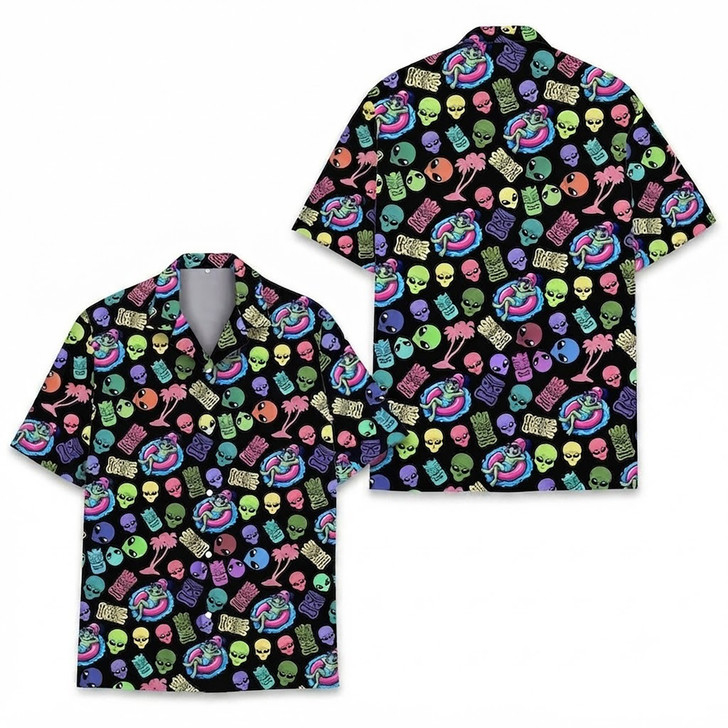 Alien Skull Tiki Neon Beach Party Hawaiian Shirt S-5XL