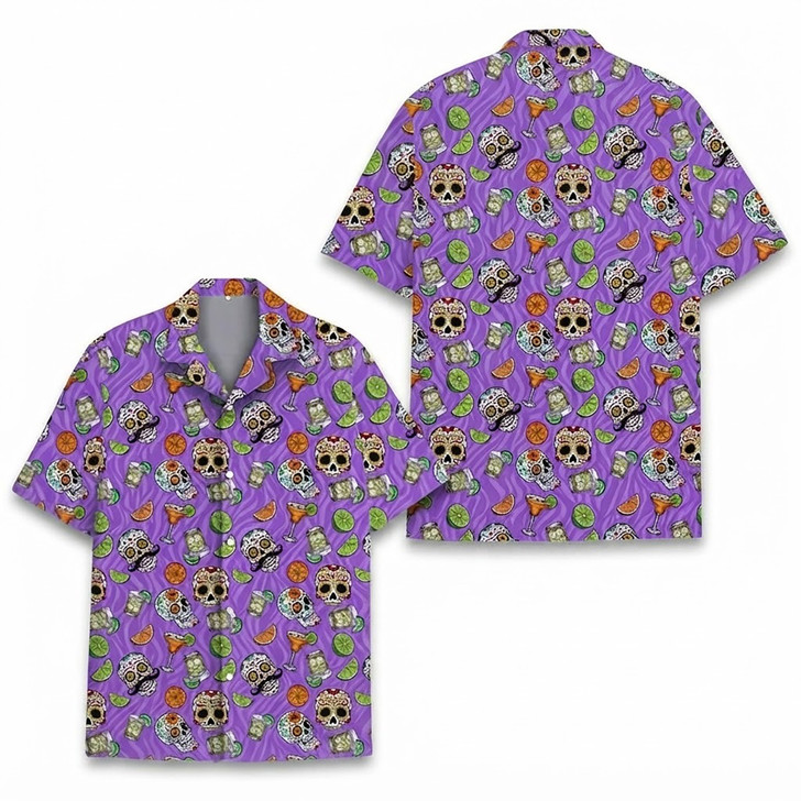 Purple Sugar Skull Day of the Dead Cocktail Hawaiian Shirt S-5XL