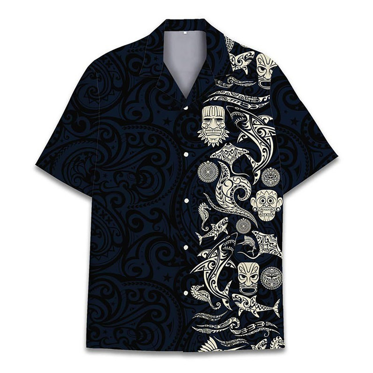 Shark Tiki Floral Boho Aloha Hawaiian Shirt S-5XL