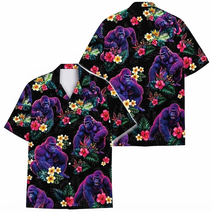 Purple Bigfoot Sasquatch Tropical Floral Hawaiian Shirt S-5XL