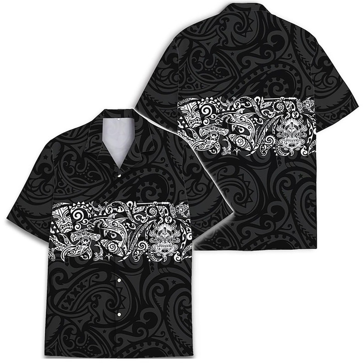 Shark Tiki Floral Boho Black Hawaiian Shirt S-5XL