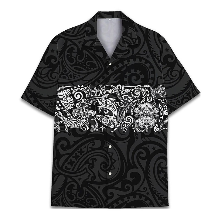 Shark Tiki Floral Boho Black Hawaiian Shirt S-5XL