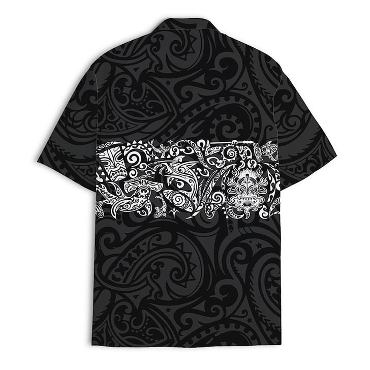 Shark Tiki Floral Boho Black Hawaiian Shirt S-5XL