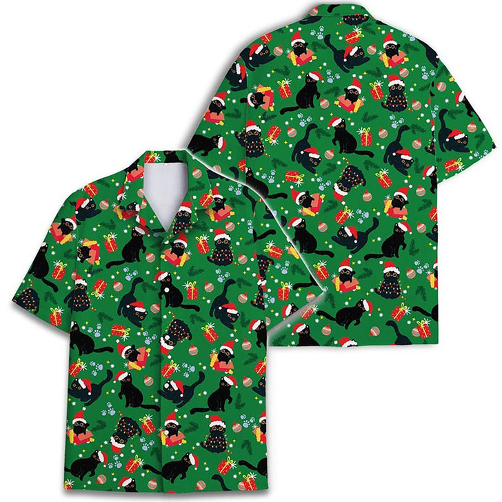 Funny Black Cat Christmas Holiday Button Down Hawaiian Shirt S-5XL