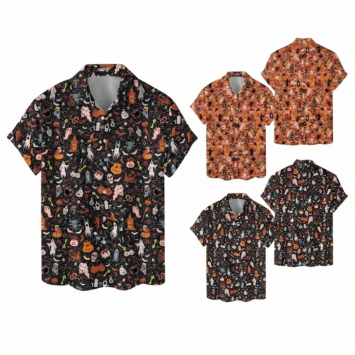 Men's Halloween Skull Witch Spooky Button Down Hawaiian Shirt S-5XL