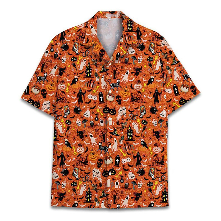 Men's Halloween Skull Witch Spooky Button Down Hawaiian Shirt S-5XL