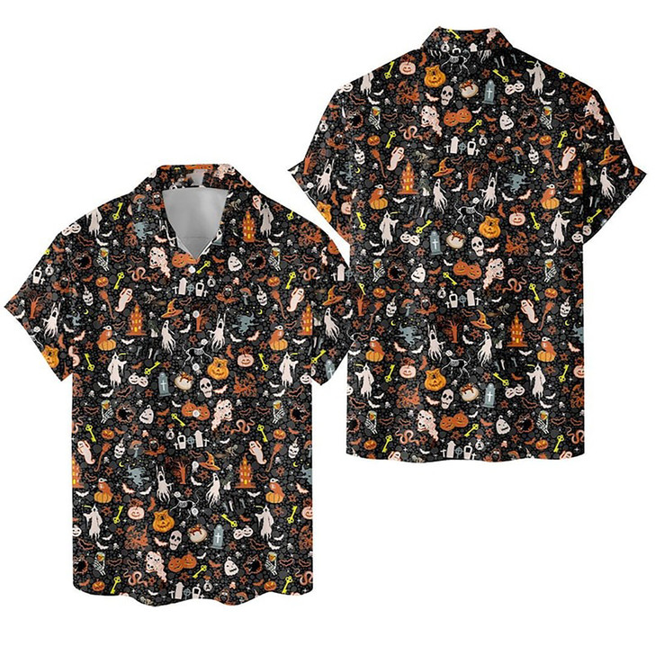 Men's Halloween Skull Witch Spooky Button Down Hawaiian Shirt S-5XL