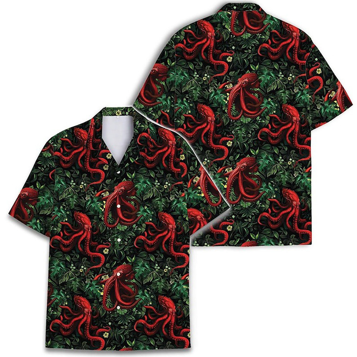Red Octopus Vintage Tropical Aloha Button Down Hawaiian Shirt S-5XL
