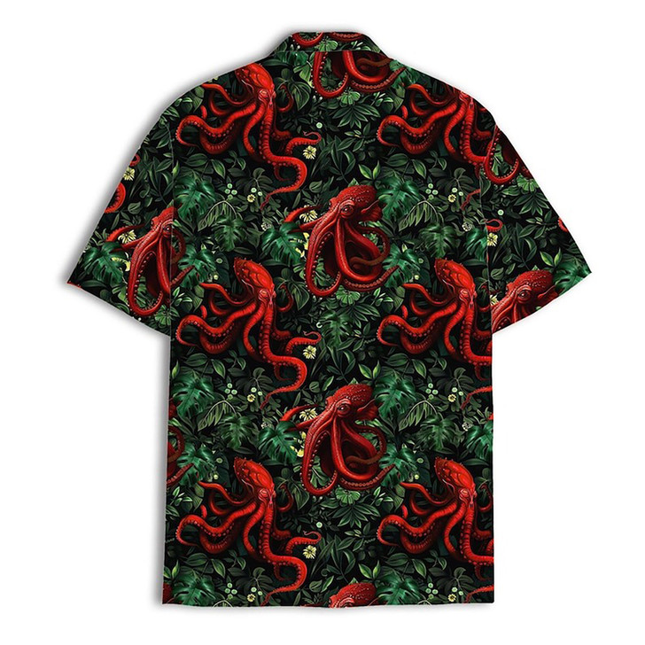 Red Octopus Vintage Tropical Aloha Button Down Hawaiian Shirt S-5XL