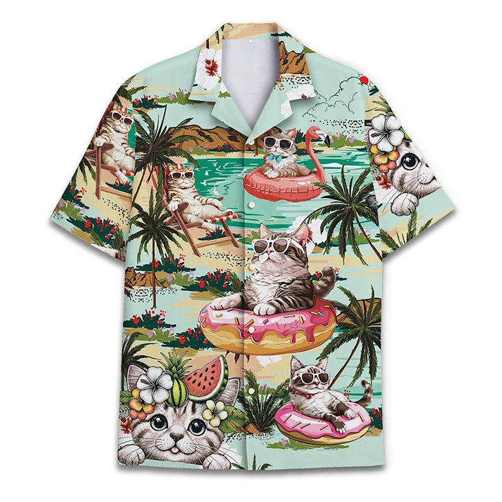 Funny Cat Beach Vacation Tropical Aloha Hawaiian Shirt S-5XL