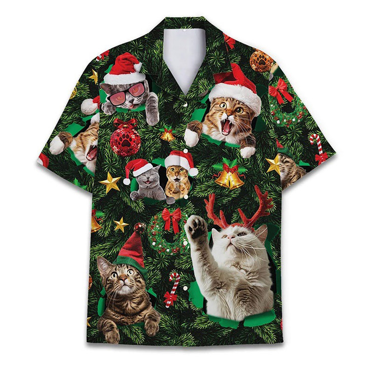 Funny Christmas Cat Novelty Holiday Aloha Hawaiian Shirt S-5XL