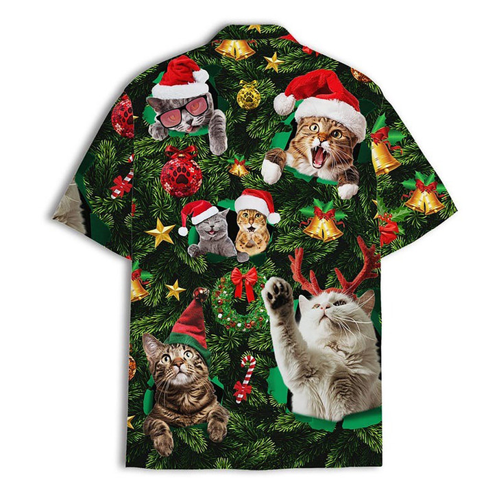 Funny Christmas Cat Novelty Holiday Aloha Hawaiian Shirt S-5XL