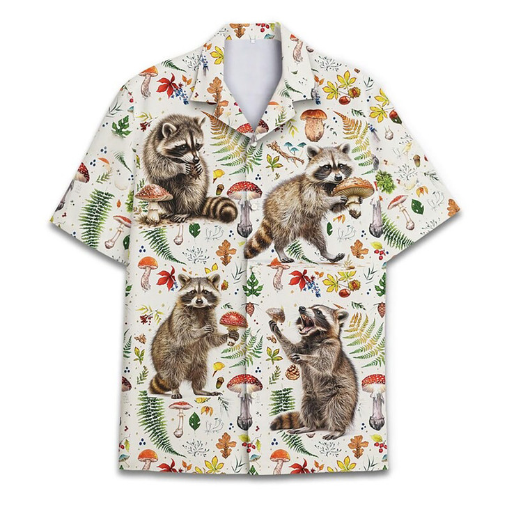 Raccoon Mushroom Funny Woodland Button Down Hawaiian Shirt S-5XL