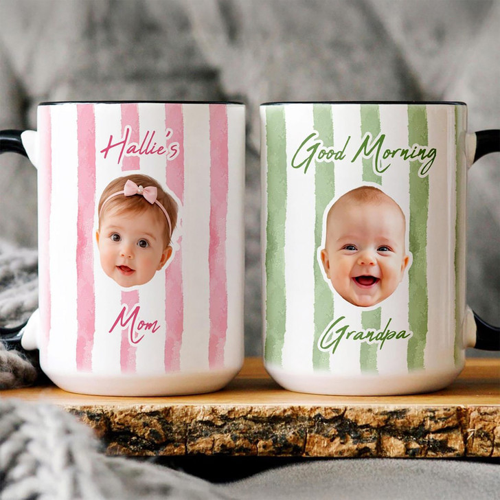 Custom Baby Face Good Morning Accent Mug Personalized Grandpa Fathers Day Gift Cup