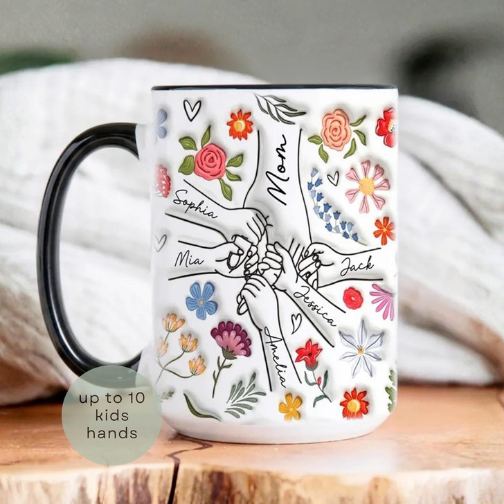 Custom Floral Family Hands Accent Mug Personalized Mom Mothers Day