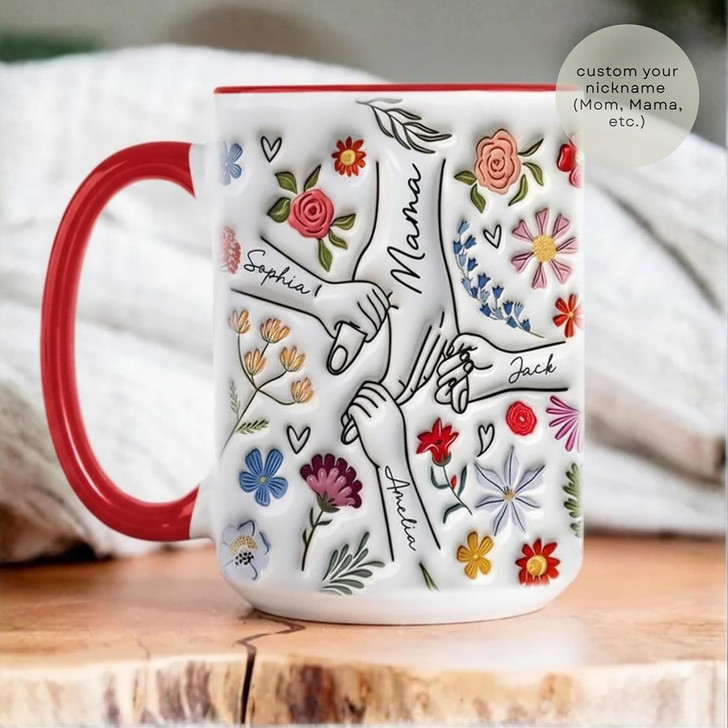 Custom Floral Family Hands Accent Mug Personalized Mom Mothers Day