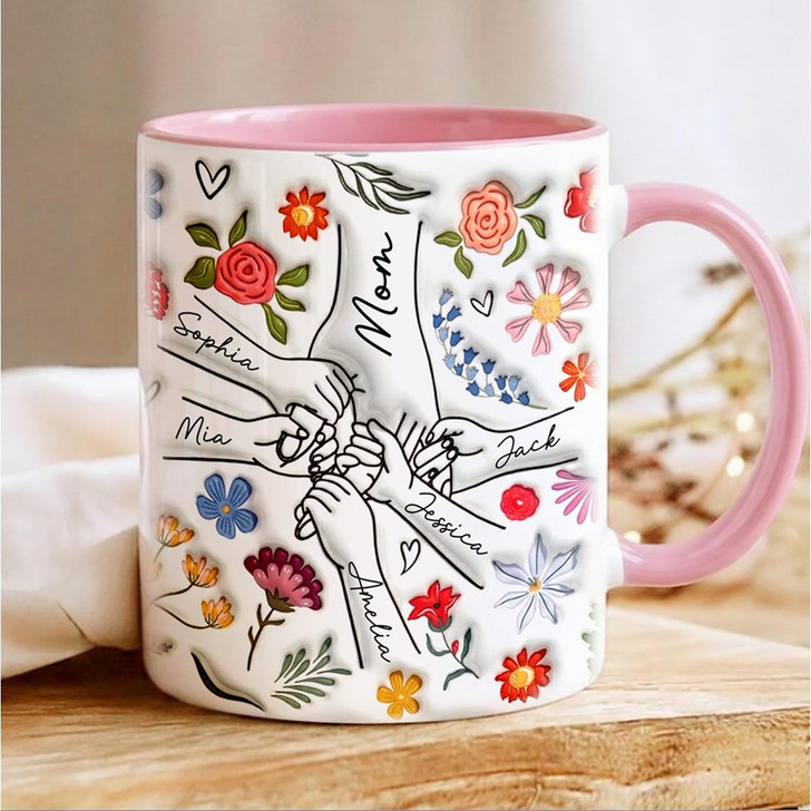 Custom Floral Family Hands Accent Mug Personalized Mom Mothers Day