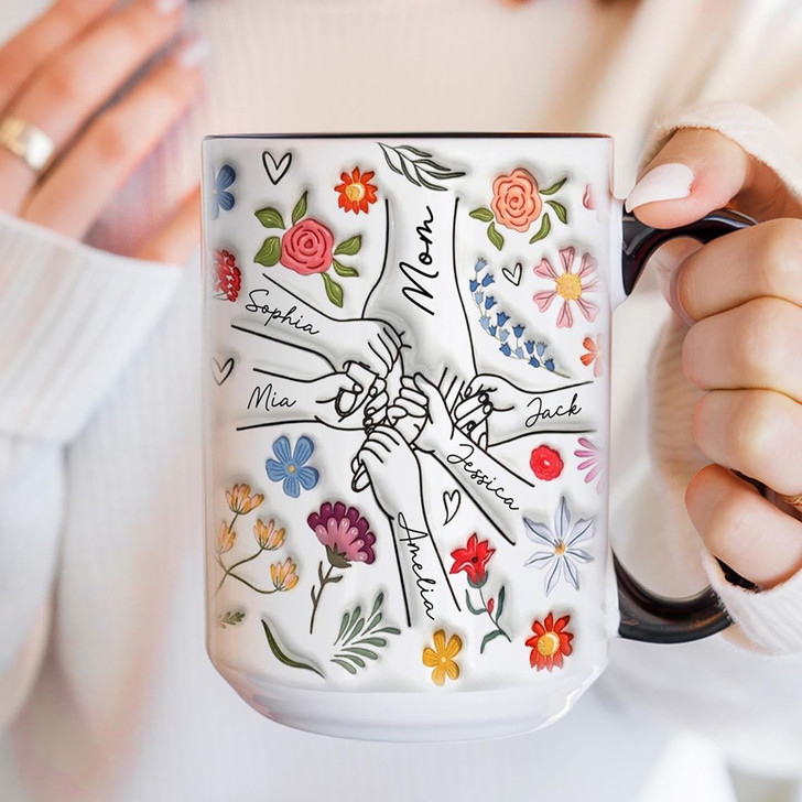 Custom Floral Family Hands Accent Mug Personalized Mom Mothers Day