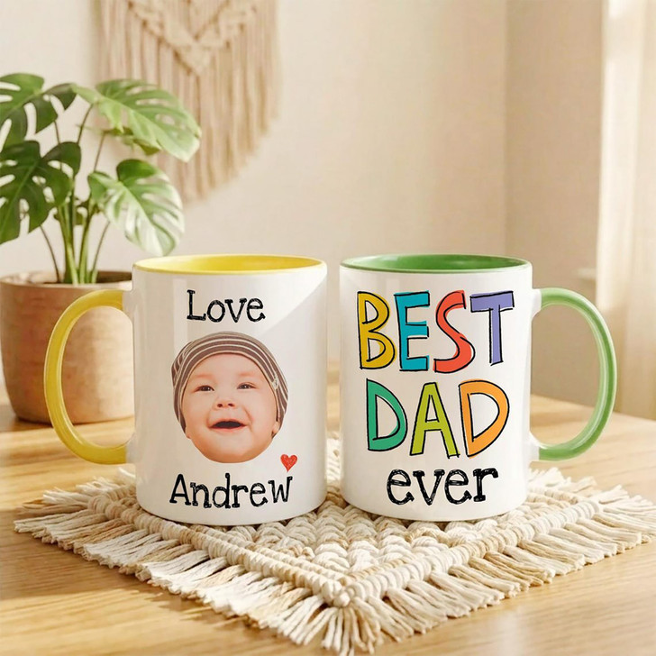 Custom Baby Face Accent Mug First Fathers Day Dad Coffee Cup
