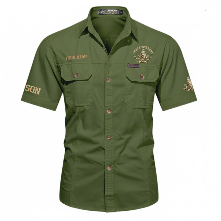 Customized Name, Lodge and Number Silver Past Master Emblem Freemason Workwear Short Sleeve Shirt M-5XL