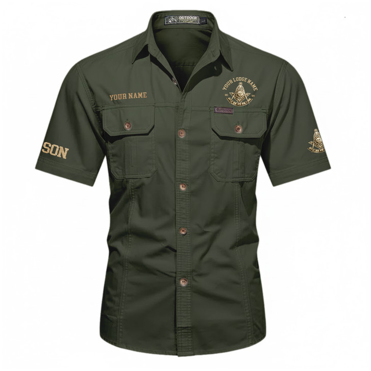 Customized Name, Lodge and Number Silver Past Master Emblem Freemason Workwear Short Sleeve Shirt M-5XL