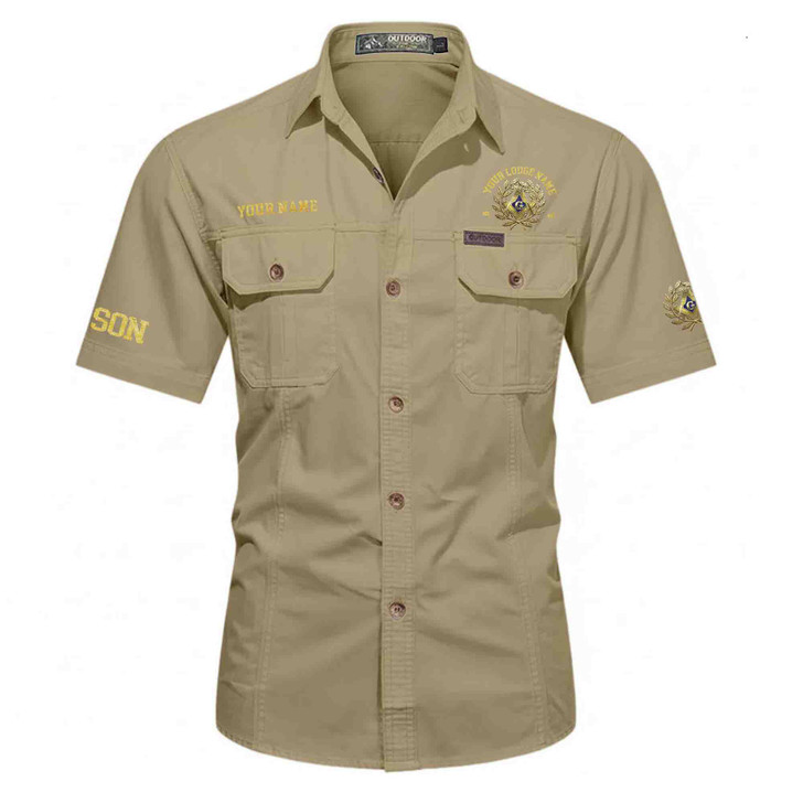 Customized Name, Lodge and Number Master Mason Emblem Workwear Short Sleeve Shirt M-5XL
