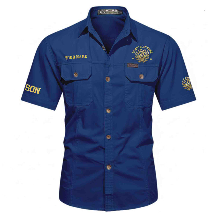 Customized Name, Lodge and Number Master Mason Emblem Workwear Short Sleeve Shirt M-5XL