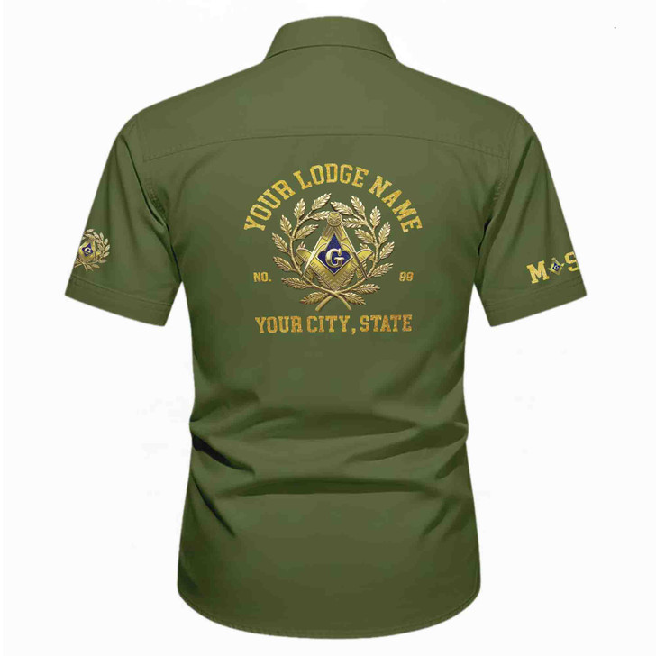 Customized Name, Lodge and Number Master Mason Emblem Workwear Short Sleeve Shirt M-5XL