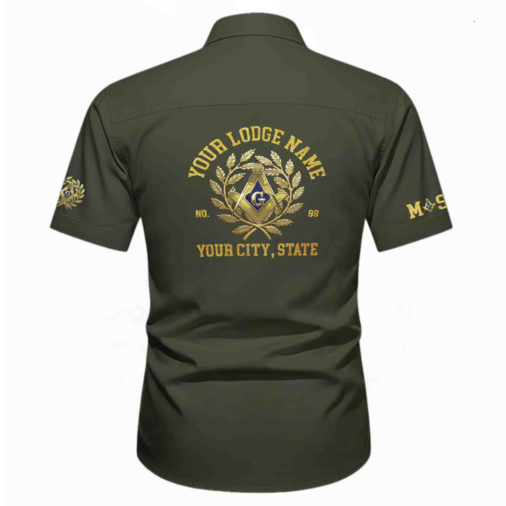 Customized Name, Lodge and Number Master Mason Emblem Workwear Short Sleeve Shirt M-5XL