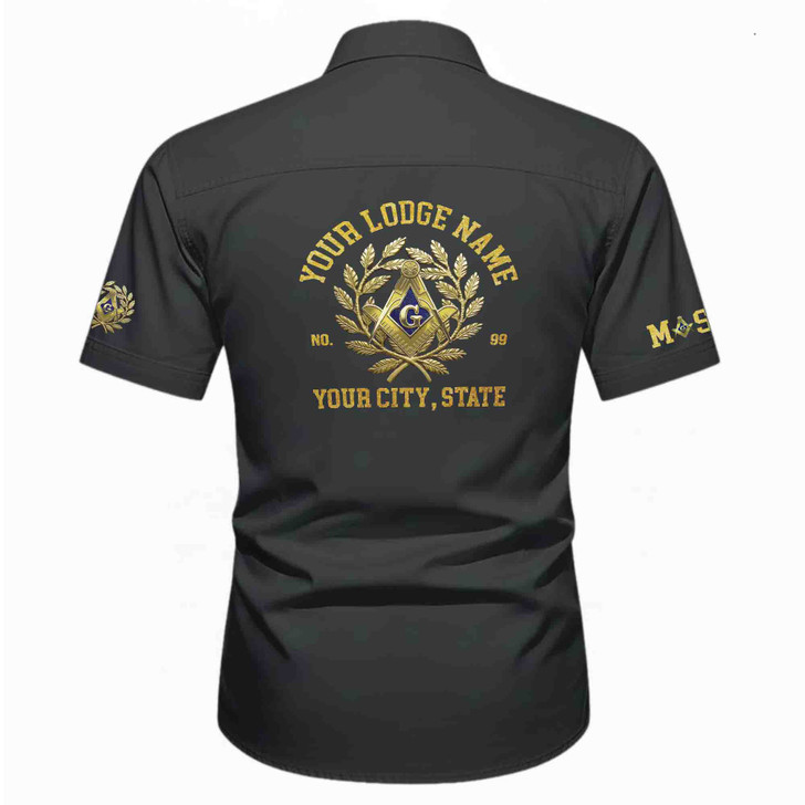 Customized Name, Lodge and Number Master Mason Emblem Workwear Short Sleeve Shirt M-5XL