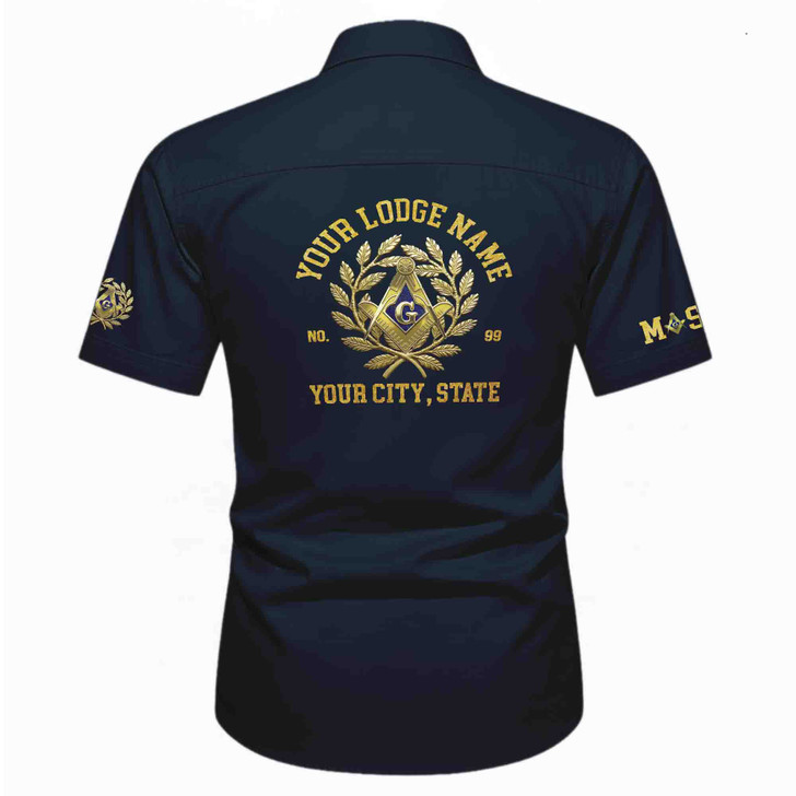 Customized Name, Lodge and Number Master Mason Emblem Workwear Short Sleeve Shirt M-5XL